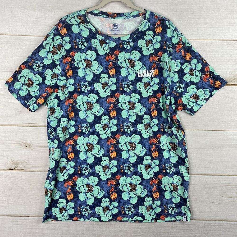 Hurley Shirt Mens L Blue Green Floral Short Slv T Hawaiian Tropical Beach Logo